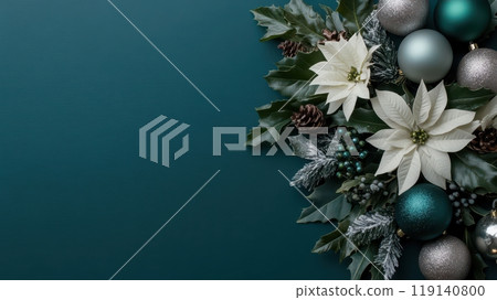 Elegant Christmas Decor with Poinsettia Flowers and Green Foliage 119140800