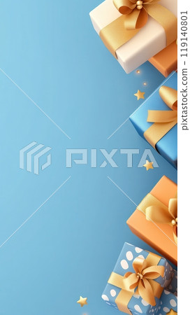 Beautifully Wrapped Christmas Gifts with Shiny Gold Bows and Ribbons on Blue Background 119140801