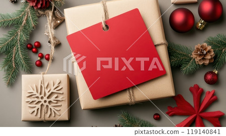 Festive Christmas Gift Boxes and on Rustic Background Festive Christmas Gift Boxes and on Rustic Background 119140841