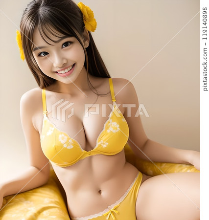 A woman in underwear with a yellow hair accessory sitting on a sofa with her elbows on the sofa 119140898
