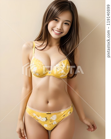 A woman in yellow lingerie is standing and smiling 119140899