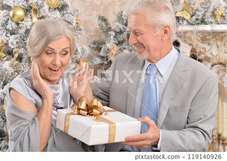 couple old and mature seniors enjoying and having fun together celebrating the new year  119140926