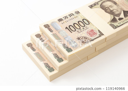 A stack of 10,000 yen bills on a white background A stack of 10,000 yen bills on a white background 119140966