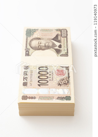 A stack of 10,000 yen bills on a white background A stack of 10,000 yen bills on a white background 119140973
