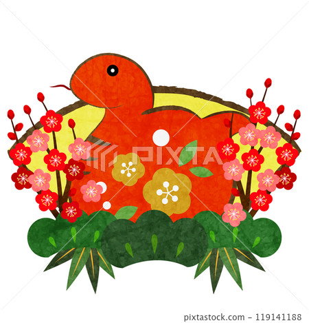 Snake year new year's card icon, red snake, illustration, cute, fan, pine, bamboo and plum 119141188