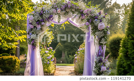 Wedding Ceremony Decorated with Lavender Flowers in the garden. Holiday concept 119141270