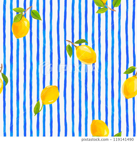 Beautiful vector fresh summer design with watercolor yellow lemon fruits and blue stripes on the background. Stock illustration. Ready print for textile. Seamless pattern. 119141490
