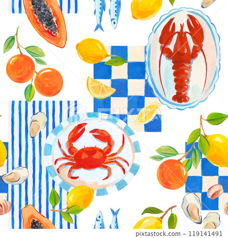 Beautiful vector seamless Summer Vacation Seamless pattern. Greek pattern with sardines, lemon, oysters, mussels, papaya, lobster and crab. Mediterranean bright print. Greek style. 119141491