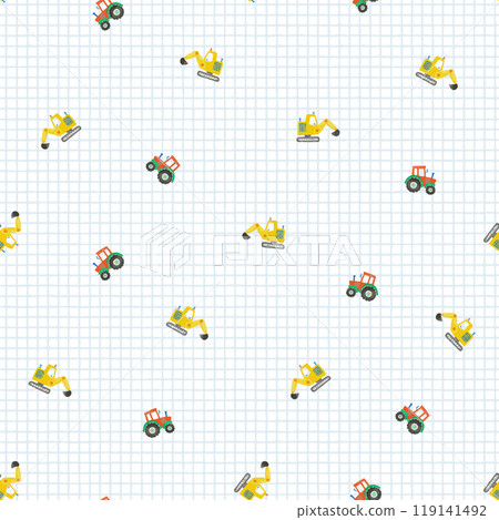 Beautiful vector childish seamless pattern with hand drawn watercolor kid toys illustrations. Construction equipment excavator tractor. 119141492