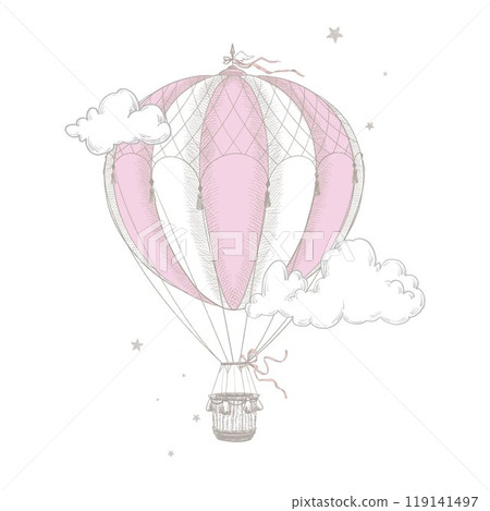 Beautiful image with hand drawn air balloon. Stock illustration. Ready clipart design. 119141497