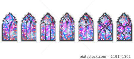 Gothic church window set. Cathedral arch frames with stained glass. Medieval catholic architecture old shapes. Vintage color mosaic isolated on white background Gothic church window set. Cathedral arch frames with stained glass. Medieval catholic architecture old shapes. Vintage color mosaic isolated on white background 119141501