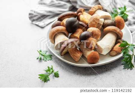 Freshly gathered assorted mushrooms on a plate with herbs set on a gray countertop  119142192