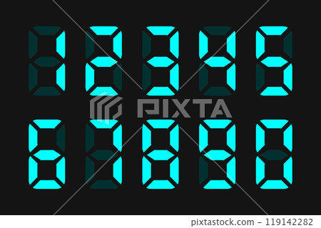 LED digital board Electronic style display information scoreboard with digits from 0 to 9, Signages,Information Panels, Sports, Games, Data Boards, Schedules. Zero to Nine Cyan clock numbers 119142282