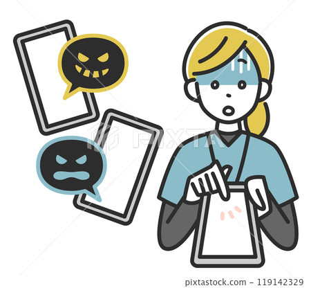 Illustration of a female staff member turning pale while holding a smartphone Illustration of a female staff member turning pale while holding a smartphone 119142329