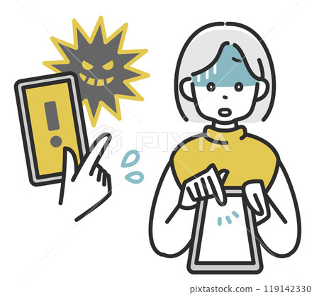 Illustration of a middle-aged woman with a pale face holding a smartphone 119142330