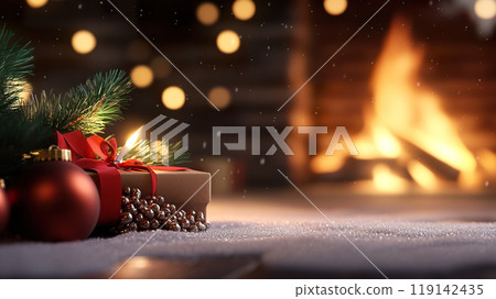 Wood pellets burning inside a modern eco-friendly stove with gift box, red ornaments, and pine branches. Wood pellets burning inside a modern eco-friendly stove with gift box, red ornaments, and pine branches. 119142435