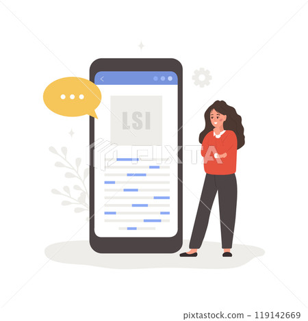 Lsi keyword service. Latent Semantic Indexing. Search engine marketing. Vector illustration in flat cartoon style. Female character is engaged in Web analysis and word search optimization 119142669