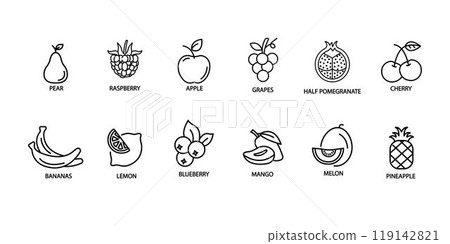 Fruits editable stroke outline web icons set. Apple, mango, banana, lemon, melon, pineapple, blueberry, pomegranate, grape. Vector illustration 119142821