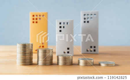 Coins and real estate lined up, assets, buildings, condominiums, real estate prices, asset decline, depreciation, amortization 119142825