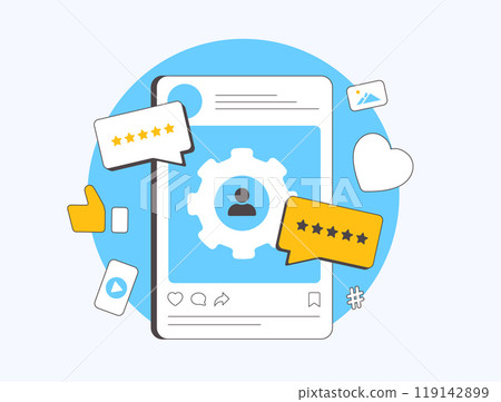 User-generated and influencer-generated content featuring visuals made by influencers for brands. Shows how authentic content helps promote brands and build trust with audiences. Vector illustration 119142899