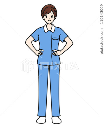 Female nurse standing pose in front, pants style, blue, hands on hips Female nurse standing pose in front, pants style, blue, hands on hips 119143009