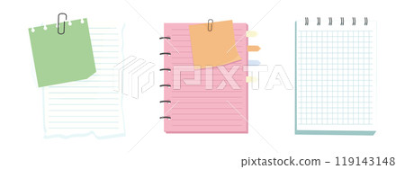 Memo notes, paper for note with clip, postit. Planner notebook page. Idea list. Post note sticker. Quote frame, reminder. 119143148