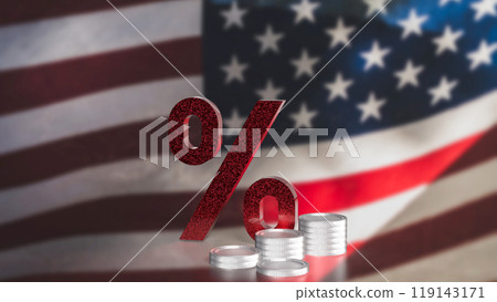 The percent and coins on usa flag Background 3d rendering. 119143171