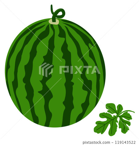 Watermelon With Leaf Vector Illustration. Fresh, Juicy Fruit. Vibrant Green Foliage for Summertime Decor, Food Themed Art, Healthy, Vegan Friendly Design. Vector illustration Watermelon With Leaf Vector Illustration. Fresh, Juicy Fruit. Vibrant Green Foliage for Summertime Decor, Food Themed Art, Healthy, Vegan Friendly Design. Vector illustration 119143522