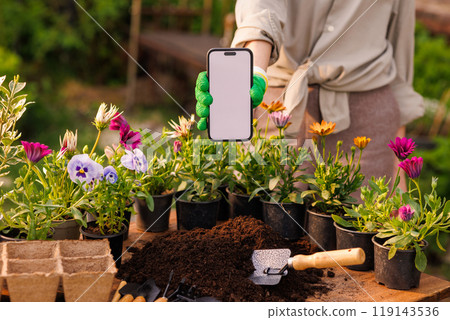 gardener using mobile app in phone for proper planting of flower plants in garden, gardening concept 119143536