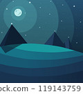 pyramids on the background of the night sky and a round moon. Vector illustration night landscape with stars. striped image stylized art in cool colors 119143759