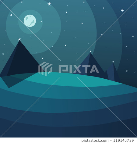 pyramids on the background of the night sky and a round moon. Vector illustration night landscape with stars. striped image stylized art in cool colors pyramids on the background of the night sky and a round moon. Vector illustration night landscape with stars. striped image stylized art in cool colors 119143759