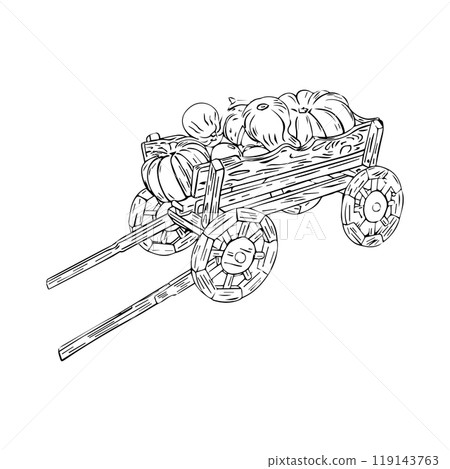 Hand drawn wooden cart with pumpkins. Autumn decor element isolated on white background. Flat design. Vector illustration. Hand drawn wooden cart with pumpkins. Autumn decor element isolated on white background. Flat design. Vector illustration. 119143763