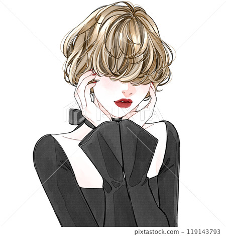 A woman hiding her eyes with her bangs (see no monkeys) 119143793