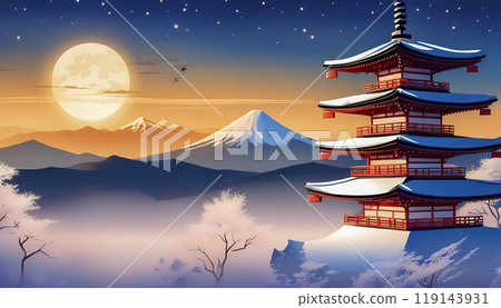 Illustration of a snow-capped tower, full moon and Mount Fuji background 119143931