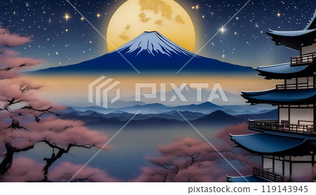 Beautiful night view of the five-story pagoda and Mt. Fuji shining on a full moon night 119143945