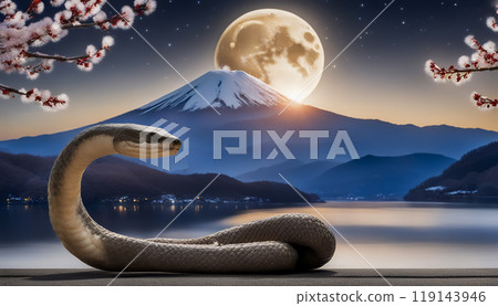 Illustration of the zodiac snake and Mt. Fuji floating in the moonlight Illustration of the zodiac snake and Mt. Fuji floating in the moonlight 119143946