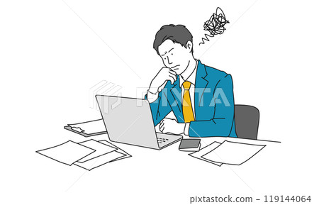 A simple illustration of a businessman worried in front of a computer 119144064