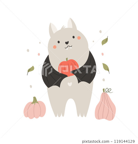 Adorable Fall Bat with Pumpkins. Seasonal Vector Illustration. Cute Autumn Designs for Halloween Adorable Fall Bat with Pumpkins. Seasonal Vector Illustration. Cute Autumn Designs for Halloween 119144129