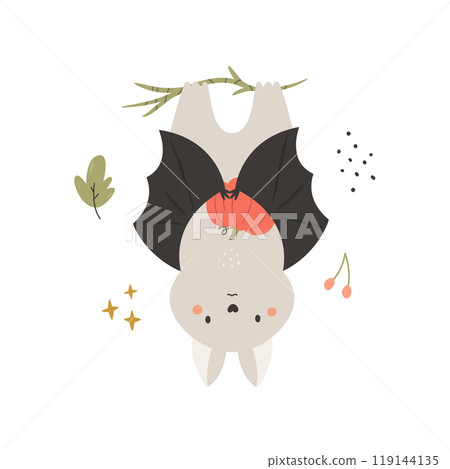 Adorable Fall Bat Vector Illustration. Cute Autumn Designs for Halloween 119144135
