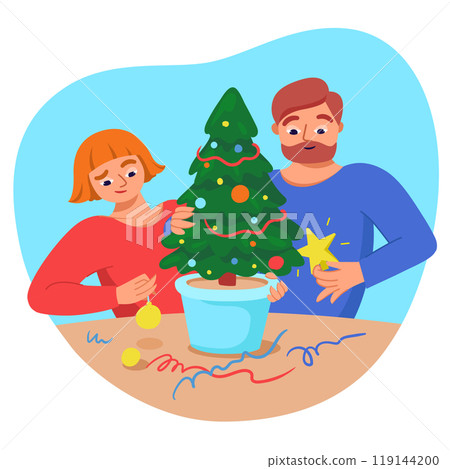 Husband and wife decorate a Christmas tree in pot Husband and wife decorate a Christmas tree in pot 119144200