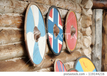 Displaying Viking Shields on Wooden Wall 119144216