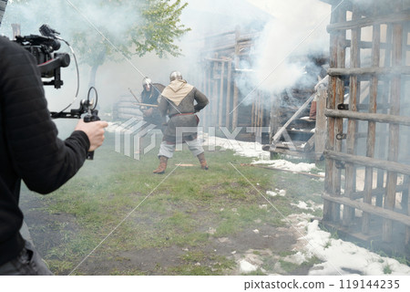 Filming Historical Battle Scene with Smoke Effects Filming Historical Battle Scene with Smoke Effects 119144235