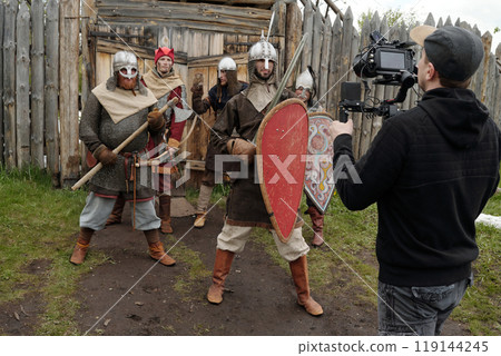Filming Reenactment of Medieval Warriors in Armor Filming Reenactment of Medieval Warriors in Armor 119144245