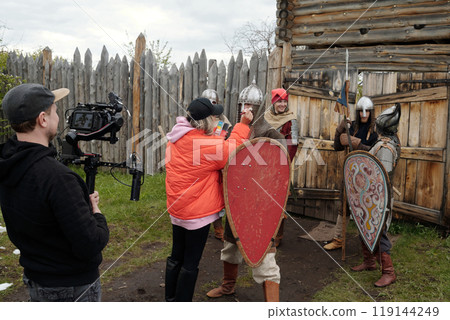 Filming Medieval Battle Scene With Actors in Armor Filming Medieval Battle Scene With Actors in Armor 119144249