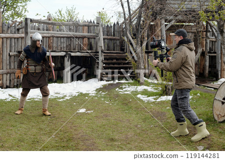 Filming Medieval Battle Scene in Outdoor Set 119144281