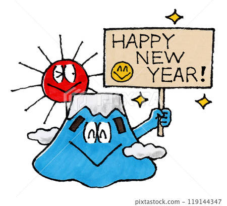 Mt. Fuji and sun character holding a sign saying HAPPY NEW YEAR! Mt. Fuji and sun character holding a sign saying HAPPY NEW YEAR! 119144347