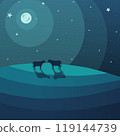 abstract art with cows meeting on a hill under the moon. clipart in cold colors. Vector illustration 119144739