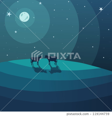 abstract art with cows meeting on a hill under the moon. clipart in cold colors. Vector illustration 119144739