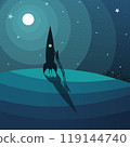 A man climbs into a space rocket parked in a night field under the moon. Vector illustration rocket at night at launch. A man is going to fly to the moon. There are stars in the background and a night 119144740