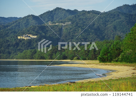 A view of Amanohashidate View Land and Genmyoan from Amanohashidate in summer A view of Amanohashidate View Land and Genmyoan from Amanohashidate in summer 119144741